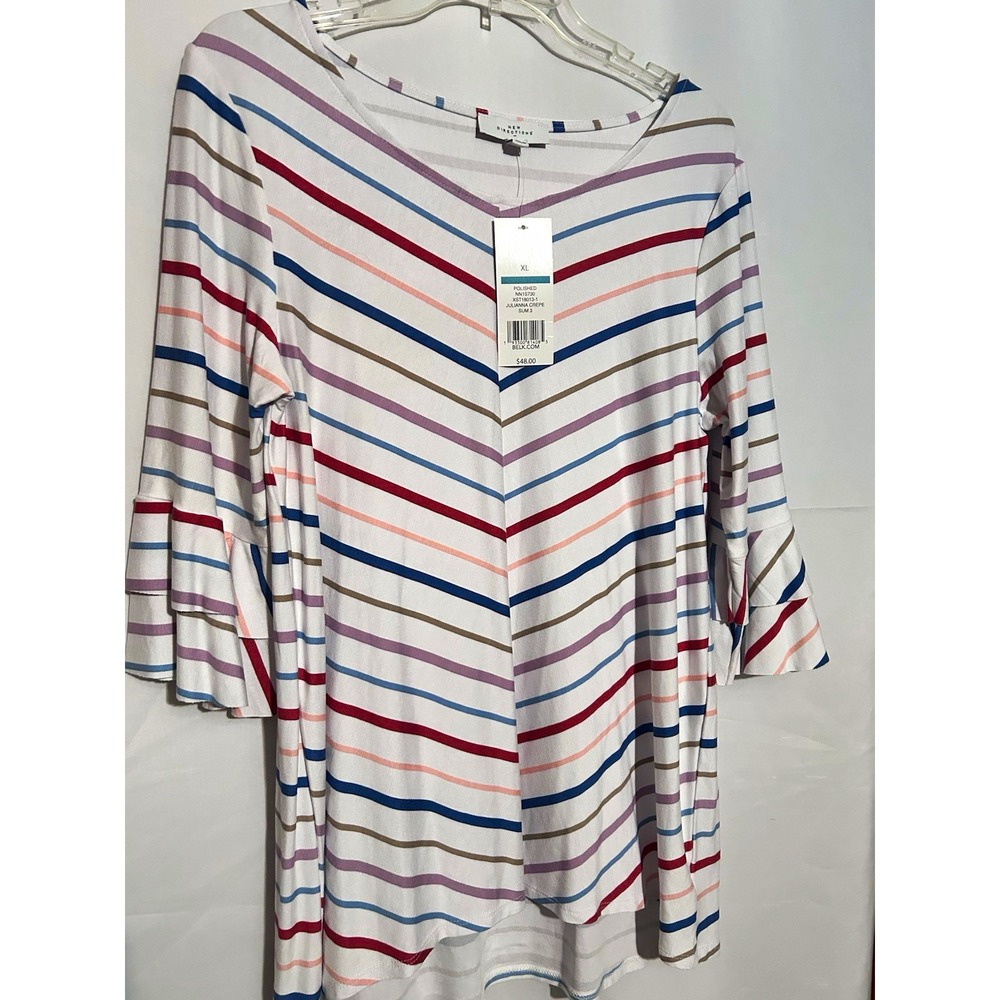 New Directions Women's Striped V-Neck Crepe Blouse Ruffle 3/4 Bell XL